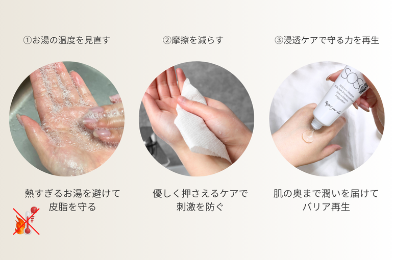 バリア機能を整える３ステップケア｜お湯の温度・摩擦・浸透ケアで手肌の守る力を再生｜奇跡のハンドトリートメント